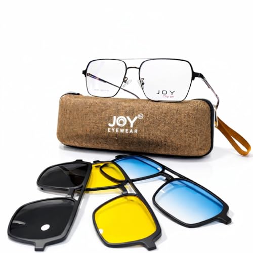 Image of Premium Tinted Eyeglasses with Magnetic Clip-On Sunglasses, 4-in-1, Matte Black Frame, Black Yellow Blue Lenses