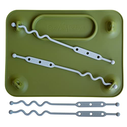 Image of BUSY BABY Silicone Placemat-As Seen On Shark Tank-Built-in Suction Cups-4 Toy Tethers for Babies Toddlers and Kids-Food Grade Silicone-8.5 x 11 in-Comes with Travel Sleeve-Dishwasher Safe-Olive