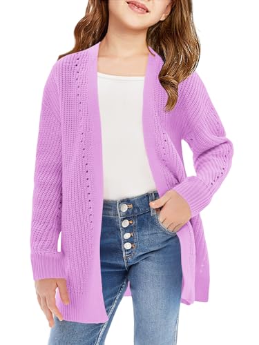 Haloumoning Girls Open Front Cardigan Sweaters Kids Fall Fashion Side Slit Outerwear 5-14 Years Purple