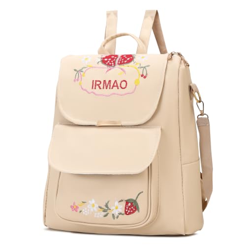 Image of IRMAO Women's Embroidered PU Leather Backpack | Stylish College Bag for Women & Girls | Multi-Purpose Office, Travel & Casual Backpack with Shoulder Straps (Strawberry)