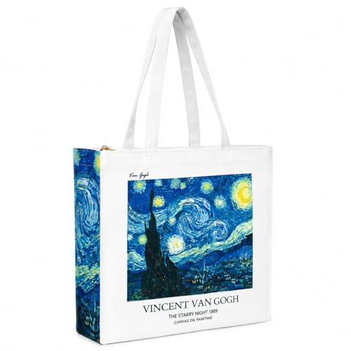 Image of Artsy Canvas Tote Bag for Women | Zipper Closure, Bottle Holder & Keychain Hook | Premium Cotton Canvas Bag for Travel, College, Office | Reusable Shopping Tote Bag Gift