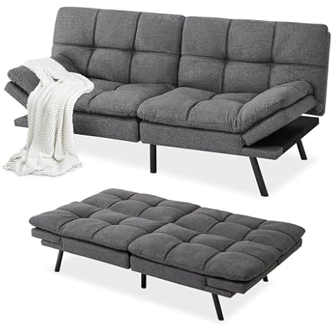 MUUEGM Futon Couch Bed, Convertible Memory Foam Sofa Bed, Modern Love Seat Daybed Sofa for Living Room,Small Space,Office,71",Adjustable Backrests Armrests Couch Bed Sleeper,Linen Grey Cover
