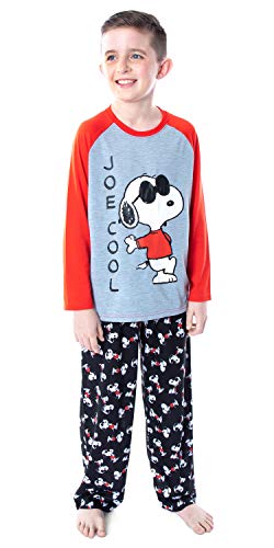 INTIMO Peanuts Boys' Joe Cool Snoopy Pajamas Long Sleeve Raglan Shirt And Pant 2 Piece PJs Kids Sleepwear Set