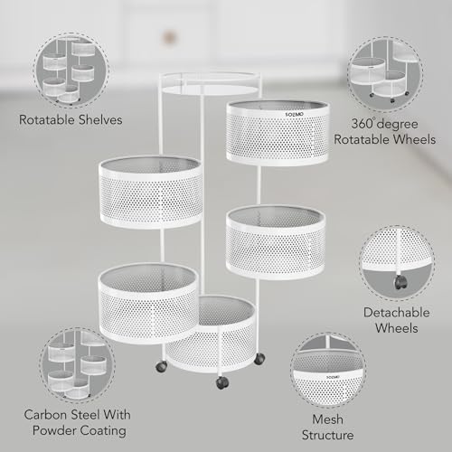 Image of Amazon Brand - Solimo 360 Revolving Preassembled Portable 5 Layer Round Multipurpose Storage Kitchen Rack Carbon Steel Fruit Vegetable & Spice Trolley with Wheels for Kitchen Organizer(Matte, White)
