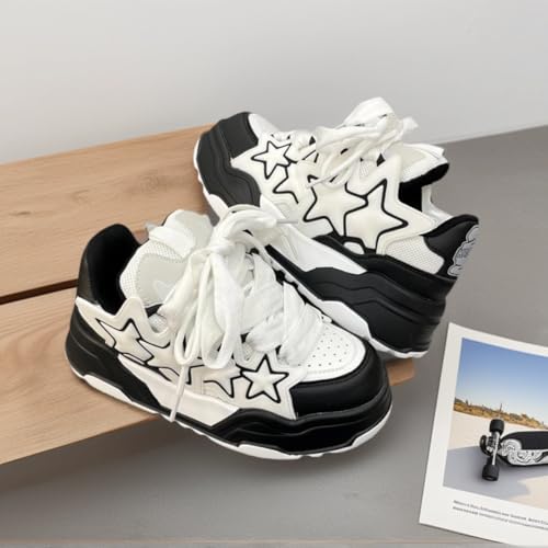 Women Chunky Sneakers, Star Decor Dad Shoes, Unisex Couples Girls Oversize Thick Sole School Casual Wear Lace-Up Mesh Upper3
