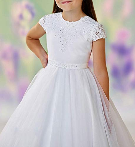 GZCYL Communion Dresses for Girls 7-16 Short Sleeve Lace Princess Flower Girl Ball Gowns White2