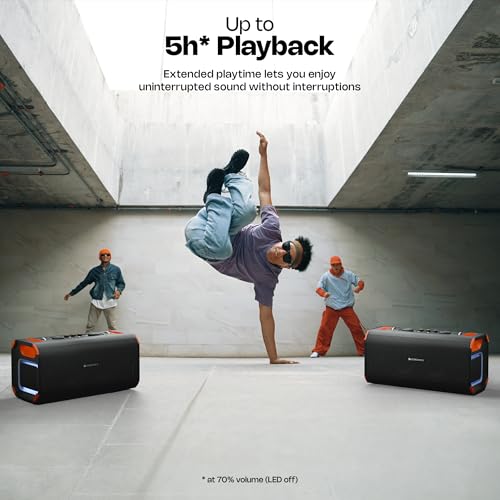 Image of Zebronics Party Speaker, 150W, AURACAST Technology, Upto 5 Hours Playtime, 4 Drivers, BT v5.4, Wireless Mic, Mic & Guitar in, RGB, Mobile Holder, Splash Proof, AUX, USB, App Support (Prima Pro)