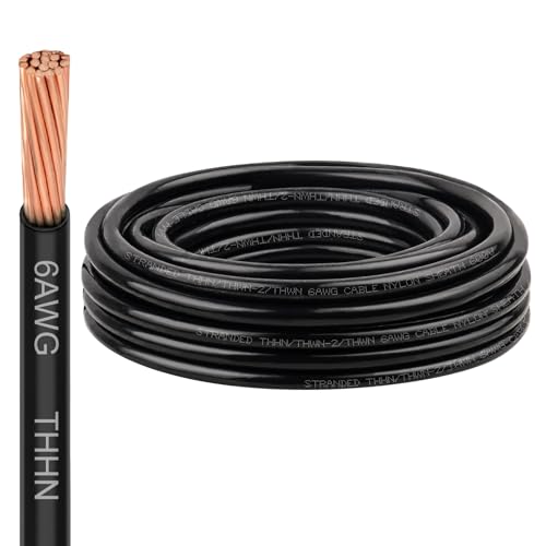 Image of XRDS-RF THHN Wire 25FT, 6AWG Stranded Copper THHN Electrical Wire, Black Nylon-Coated Thermoplastic Insulated Cable for Indoor Conduit Wiring, 600V Rated