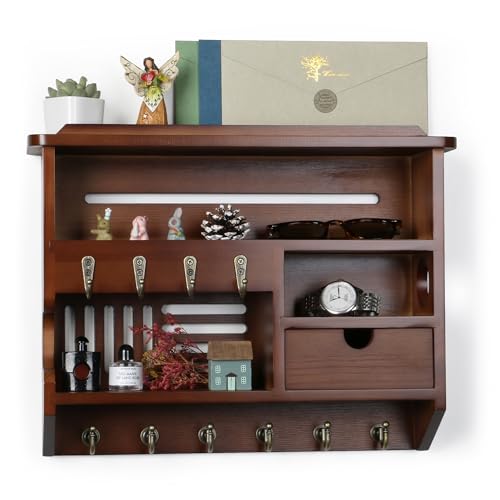NineLan Key Holder for Wall, Key Holder Wall Mount, Mail Organizer Wall Mount with Storage Drawer, Walnut