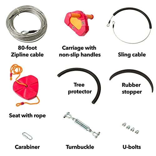 Hearthsong 80-Foot Galvanized Steel Backyard Zipline Kit With Adjustable Seat, Red #TOP2
