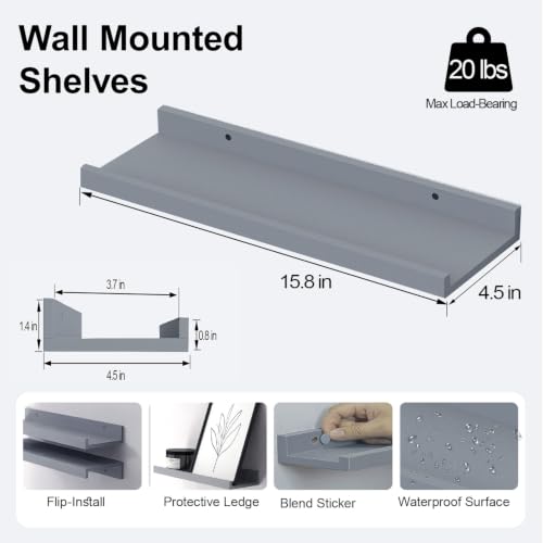Image of Grey Floating Shelves for Wall Decor, 16 in Shelf with Lip Set of 2