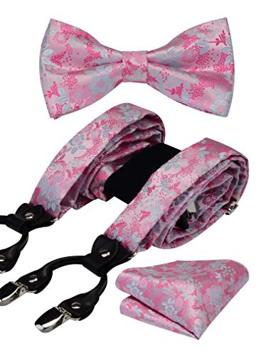 Image of GUSLESON Adjustable Plaid Floral 6 Clips Y Shape Suspenders Pre-tied Bow Tie and Pocket Square Set with Gift Box