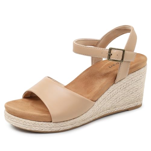 Image of Comfortable Women's Platform Espadrille Sandals Dressy Wedge Shoes Summer | Ankle Strap Platform Wedge Sandals with Orthopedic Arch Support for Casual Walking Vacation Beach Outdoors Size 5-11