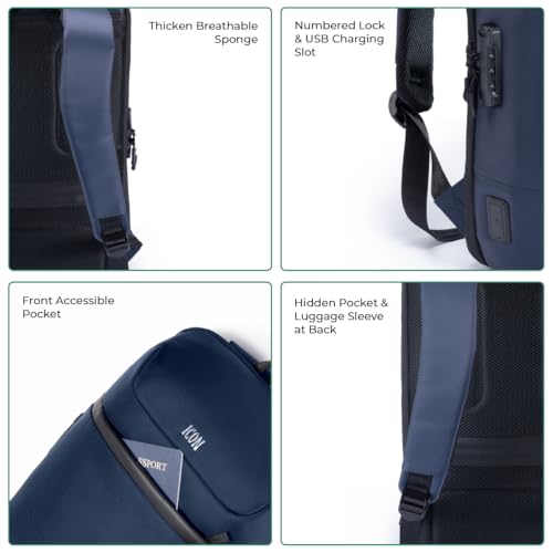 Image of ICON The Cloud Backpack 15L | Premium Polyester, Fits 15.6 inch Laptops | USB Charging Port, Luggage Sleeve, Numbered Lock & 180 Flat Opening | Water-Resistant & Multipurpose Unisex Bag (Blue)