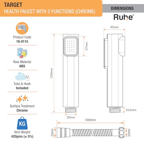 Image of Ruhe Target Water Saving Health Faucet Set for Bathroom | 2 Flow Modes | Handheld Jet Spray for Toilet | ABS Hand Gun with 304-Grade Stainless Steel Flexible Tube 1 Meter and Wall Hook /Holder