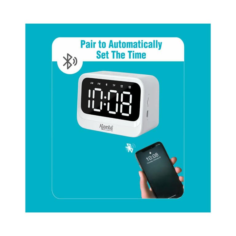 Image of Ajanta Digital Alarm Clock Bluetooth Speaker with LED Display, Bluetooth 5.3, Dual Alarm, TF Card Support, Built-in Mic, Type-C Rechargeable, Auto Time Sync, 8 Hour Playtime (White.)