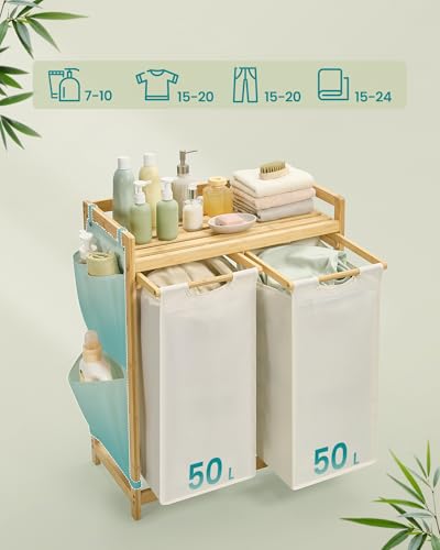 SONGMICS Kosz na bieliznę z 2 przegródkami, kosz na brudną bieliznę, bambusowy, pojemność 100 l, z półką, kieszeniami bocznymi, 2 x 50 l, 63 x 33 x 78 cm, kremowo-biały RLH100W01