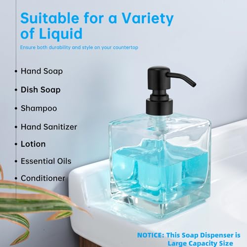 Image of Square Bathroom Soap Dispenser Black, 16 oz Glass Bottles with Stainless Steel Pump Retangle Cube Liquid Large Capacity Soap Dispenser Kitchen