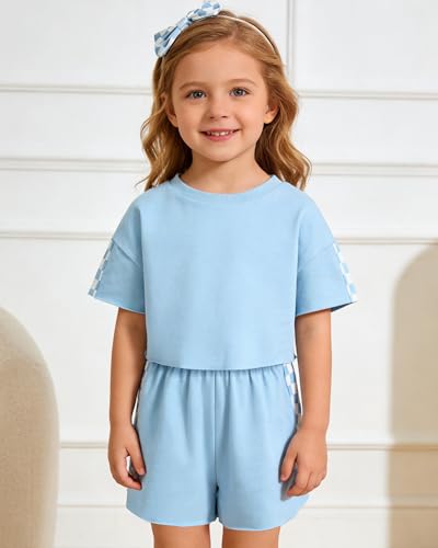 Image of SANMIO Toddler Girl Clothes Summer 3 Piece Outfits Cute | Short Sleeves Checkered Tops Shorts and Headband Girls Clothing Set