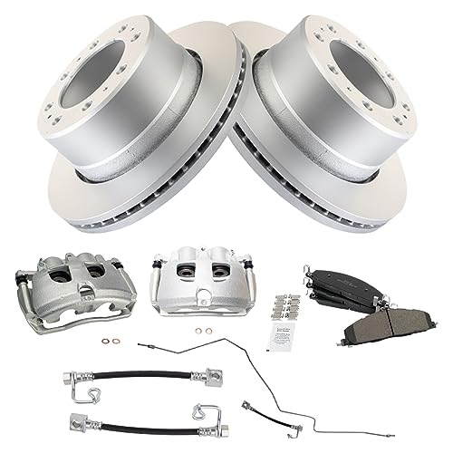 Image of TRQ Rear Brake Pad, Caliper, Hose, & Rotor Kit Semi-Metallic Premium G-Coated Compatible with 2009-2010 Dodge Ram 2500, 3500 2011-2013 Ram 2500 2011-2012 3500