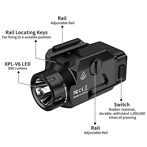 Elfgo Compact Rail Mounted Pistol Light, 600 Lumens Mini Led Strobe Tactical Flashlight Weapon Light, Gun Lights For Glock, Picatinny Mil-Std-1913, Springfield #TOP2