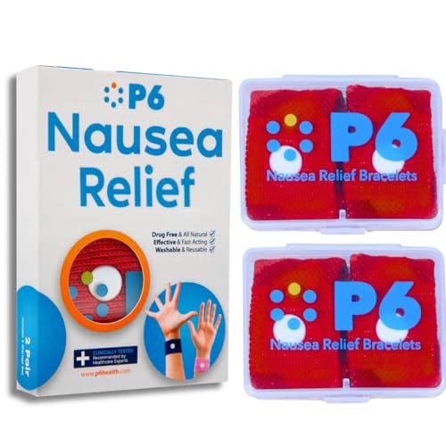 Image of P6 Motion Sickness Bands for Adults Wristbands for Anti Nausea Sea Cruise Travel Car Pregnancy Morning Sickness All-Natural Non Drowsy Relief Acupressure Treatment (2 Pack, Red - Red)
