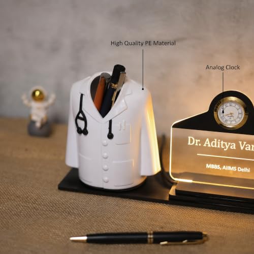 Image of Deskart Customized Gift Pen Stand with LED Name Plate & Clock | Doctor Coat Apron Shape Pen Holder with Warm LED Acrylic Name Plate & Adapter