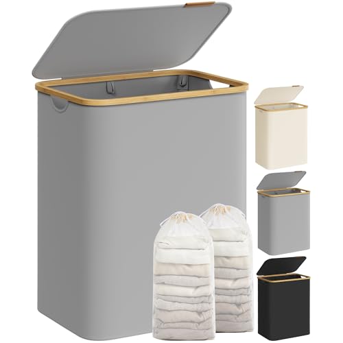 SONGMICS Cesto Portabiancheria con Coperchio a 2 Scomparti, Cesta per Bucato, 130L, Sacco Rimovibile, Tessuto Oxford, Manici di Bambù Pieghevole, 52 x 38,5 x 70,5 cm, Grigio Tortora LCB513G01