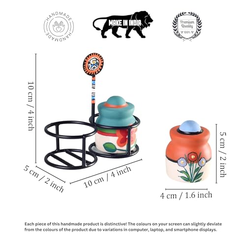 Image of Aakriti Art Creations Inu-Minu Salt & Pepper Set with Handpainted Stand | Handcrafted Floral Art Kitchen & Dining Dispenser Set | Salt Pepper Shaker for Dining Table | Kitchen Decor Items Stylish