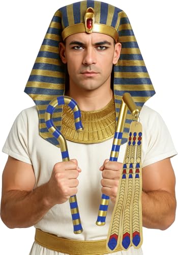 FIESTAS GUIRCA | Cetro de Faraón Egipcio (2 Piezas)   Accesorio de Disfraz para Fiestas de Halloween y Carnaval   Ideal para Cosplay de Dioses y Reyes del Antiguo Egipto   Oro y Azul