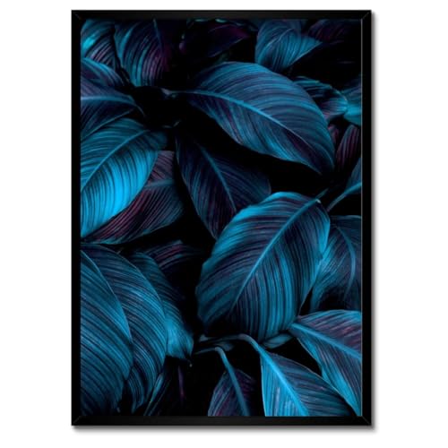 Poster feuilles bleues cadre blanc 50x70 cm Décoration murale moderne salon et chambre