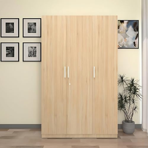 Image of Amazon Brand - Solimo Keris 3 Door Wardrobe | Almirah | Cupboard with 9 Shelves, 1 Drawer & 2 Hanging Rods | 120L x 50W x 180H CM | Wood Oak Light | DIY
