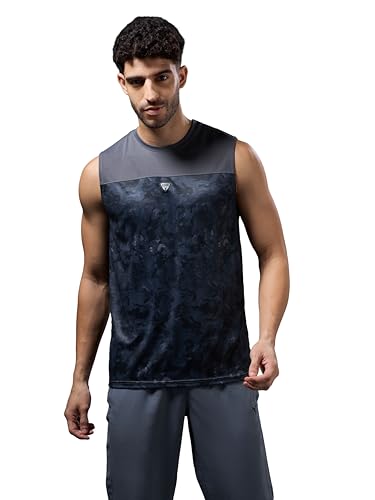 Image of TECHNOSPORT Men Polyester Slim Fit Crew Neck Printed Sleeveless Vest with Anti-Microbial, Odour Free for Gym, Workout and Sports