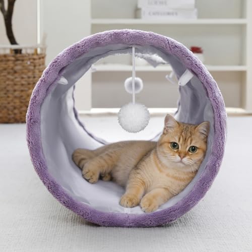 Image of Straight Bubble Cat Tunnel for Indoor Cats 47 inchx12 inch, Dusty Purple | Cute Cat Toys, Collapsible Tunnel Tube with Hanging Balls for Puppy Kitten Rabbit
