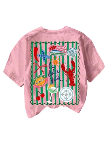 Image of RoseSeek Women's Graphic Letter Tee Crew Neck Trendy Summer Vintage T Shirt