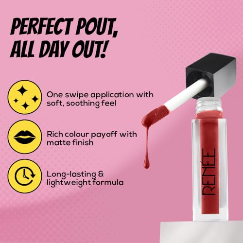 Image of RENNE Everyday Quick Stay Liquid Lipstick - Red Hour, Velvety matte Finish, Long-Lasting & Lightweight, Hydrating & Non-Drying Formula, Ultra-rich Pigment, Jojoba Oil & Vitamin E Infused