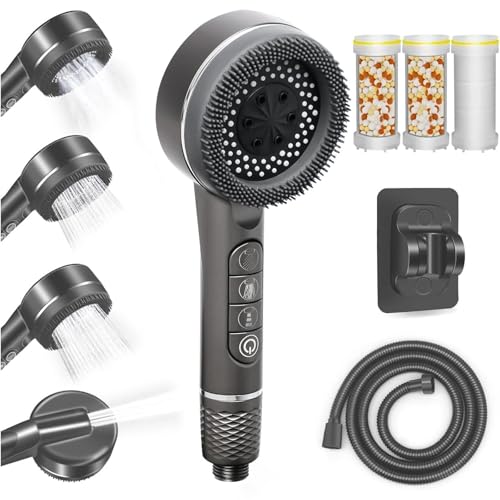 Duschkopf mit Schlauch und Halterung, Hochdruck Handbrause mit Filter gegen Kalk, Wassersparende Duschbrause mit Stoppfunktion,Duschschlauch mit Duschkopf für Erhöhten Wasserdruck(grau)