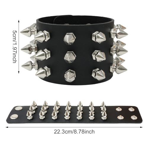 Honbay 2PCS Exaggerated Black Leather Rivet Wristband Spiked Studded Bracelet Gothic Punk Rock Biker Wristband Wide Strap Leather Bracelet Cuff Wrap Bangle Snap Button Metal Wristband for Men Women2