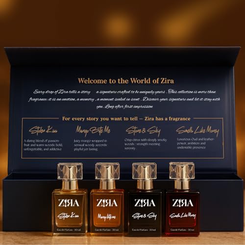 Image of ZIRA Perfume Gift Box - 4 Signature EDP Collection, Long-Lasting Fruity, Floral, Woody & Spicy Perfumes for Men & Women, Premium Travel-Friendly Fragrance Set (30ml Each)