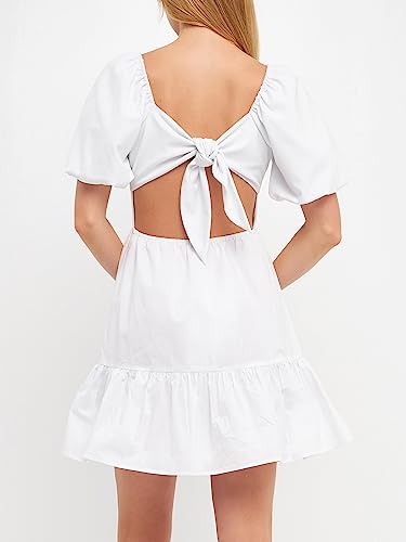English Factory Women's Mixed Media Puff Sleeve Back Bow Dress White #TOP2