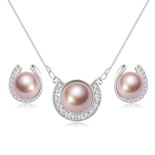 YAMI Pearl Jewelry Set for Women, Natural Cultured Pearl 11-12mm, 925 Sterling Silver with 5A Cubic Zirconia, Wedding Jewelry Sets, Valentine's Day/Mother's Day/Christmas Gift (Pink Pearl)