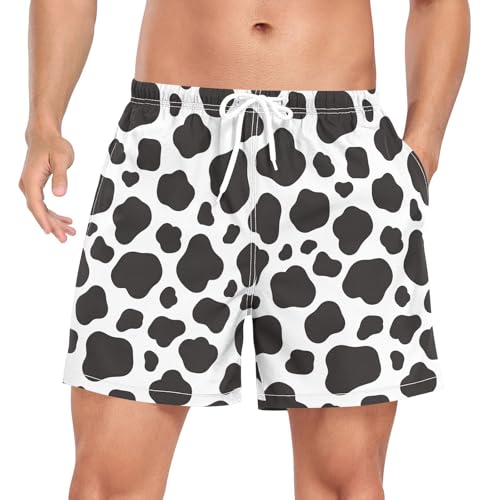 JUNZAN Men Swim Shorts Cow Printed Mens 2 Layer Running Shorts with Pockets and Compression Liner Board Shorts Quick Dry
