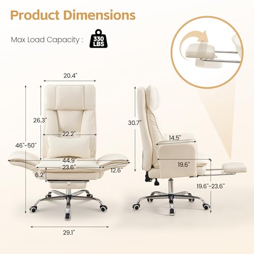Image of Big and Tall Office Chair, Footrest & Flip Armrest for Pets, PU Beige | Executive Ergonomic Criss Cross Chair, Reclining High Back Desk Chair, Leather Swivel Computer Chair with Lumber Pillow