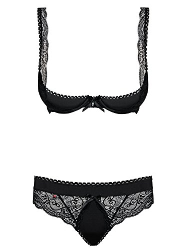 Soutien-gorge push-up seins nus et string Obsessive en dentelle noire premium
