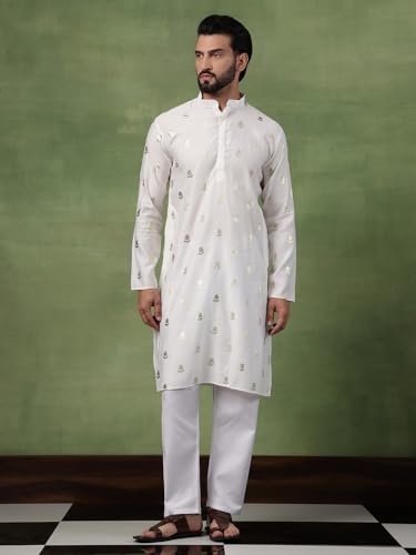 Image of SOJANYA (Since 1958 Men's Cotton Long Kurta with Golden Floral Motif Print