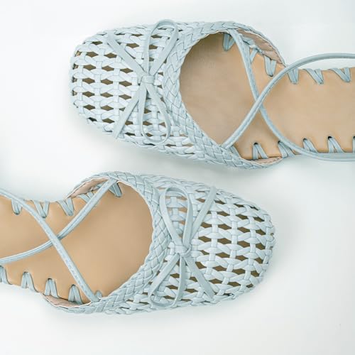 Image of Woven Ballet Flats for Women Lace Up Closed Square Toe Summer Sandals Dressy Shoes
