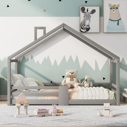 Cama infantil de 90x200 cm de madera maciza gris con protección anticaídas y somier