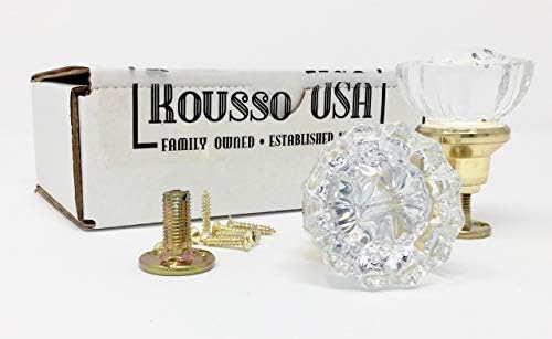 Rousso's Reproduction Crystal Glass Knob Set- Non-Turning Faux Dummy Surface Mount for 1 Side of 2 Doors: Closet, Pantry, French Door. Classic Vintage Design for Home or Office (Polished Brass)