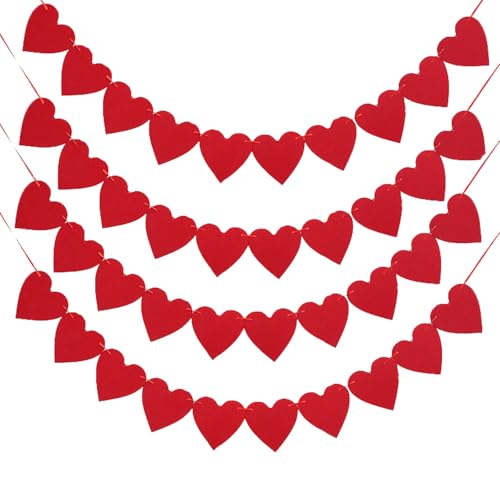Felt Red Heart Garland- Pack of 40, Pre-Strung Valentines Banner for Wedding Decorations Anniversary Decorations