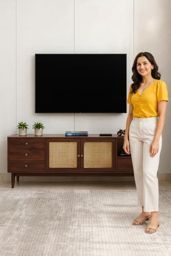Image of Premium Solid Wood, 10 Minutes Assembly (Legs Only), Aesthetic Rattan Doors, Mid Century Entertainment Center for Living Room, TV Stand for 65 inch TV, Dark Chocolate (Walnut TK-26)